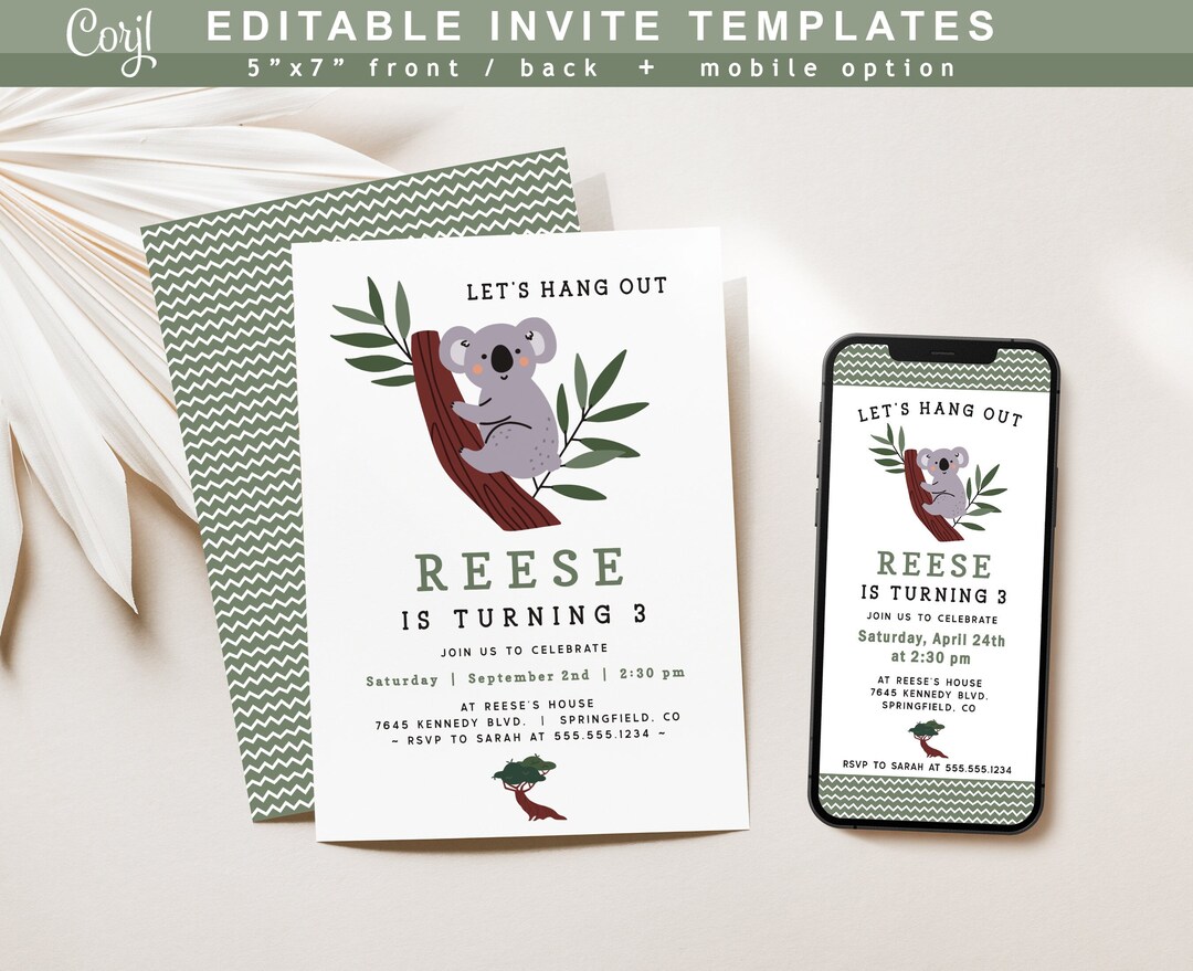 Koala Birthday Invitation Template, Mobile Invite DIGITAL DOWNLOAD