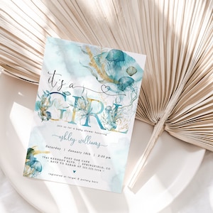 Ocean Baby Shower Invitation Girl, Editable Template Download, Tropical Sea, Corjl DIGITAL file, yd01