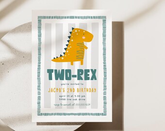 May include: A birthday invitation with a playful dinosaur illustration. The invitation features a yellow dinosaur on a striped background, with the text "TWO-REX" and details for Jacob's 2nd birthday, including the date, time, and location.