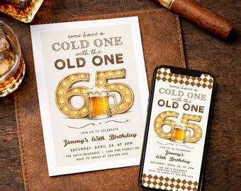 65th Birthday Invite for Men, Digital Download or Printed, Beer BBQ Theme