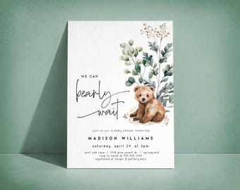 We Can Bearly Wait Baby Shower Invitation, Teddy Bear, Editable Digital Invite or Printed