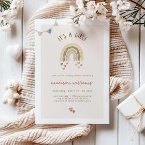 Boho Rainbow Baby Shower Invitation Girl, Editable Template DIGITAL Invite Download, Corjl