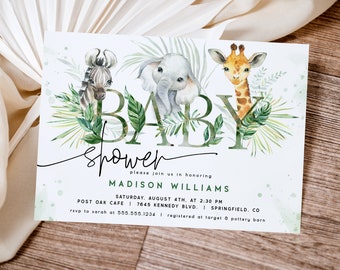 Invitación de baby shower de safari, plantilla editable de jungla, descarga DIGITAL, archivo Corjl 0391