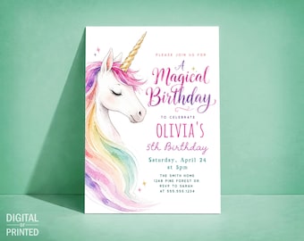 Unicorn Birthday Invitation, Pink Girl Magical Birthday Digital Invite or Printed