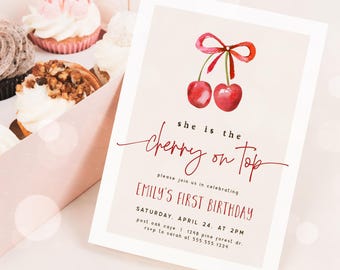 Cherry First Birthday Invitation: Coquette Girl Party (Digital Invitation)