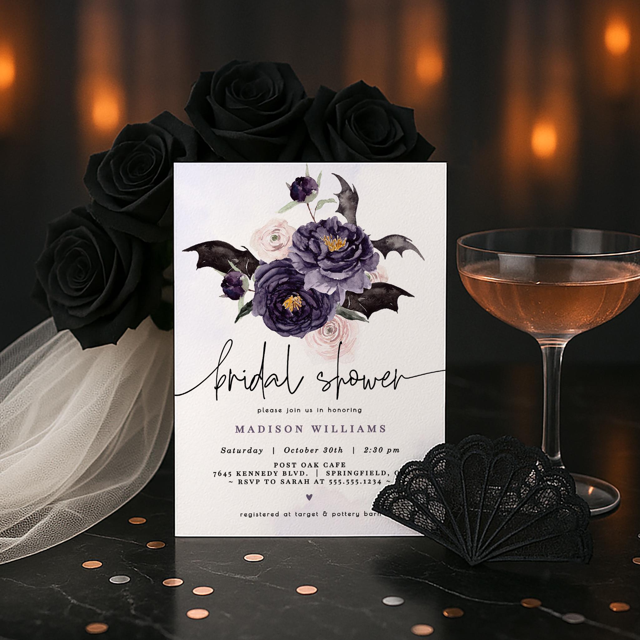 Gothic Halloween Bridal Shower Invitation: Bride or Die (Digital Download, 5x7in, Editable in Corjl.com)