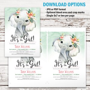 Baby Girl Elephant Invitation, Baby Shower Printable Invite INSTANT ...