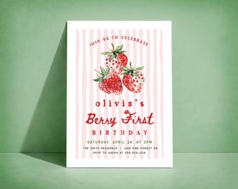 Berry First Birthday Invitation, Strawberry Theme Girl 1st Birthday Invite, Digital or Printed