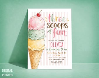 Three Scoops of Fun Birthday Invitation, Ice Cream 3rd Birthday Digital Invite or Printed