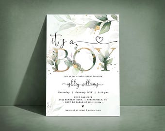 Boy Baby Shower Invitation, Sage Green Eucalyptus Leaves, Editable Template Digital Invitation or Printed