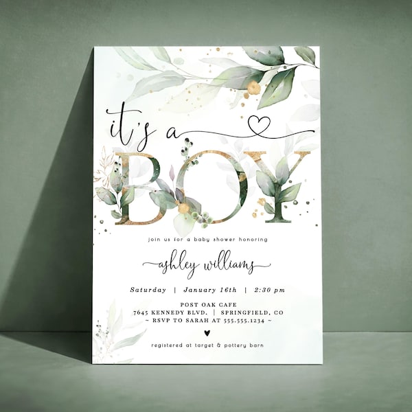 Puede incluir: Una invitación a un baby shower con el texto "it's a BOY" en una fuente decorativa, adornada con vegetación de acuarela y detalles dorados. La invitación incluye el nombre "ashley williams" y los detalles del evento.