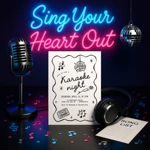 Karaoke Party Invitation: Music Night Digital Invite (5x7, PDF Template)