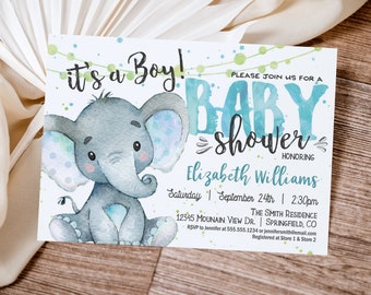 Elephant Baby Shower Invitation Boy, editable template DIGITAL FILE, Templett, 01h