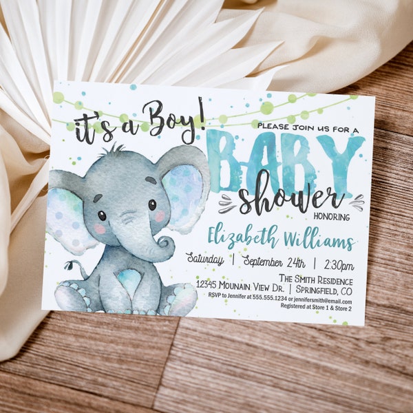 Elephant Baby Shower Invitation Boy, editable template DIGITAL FILE, Templett, 01h