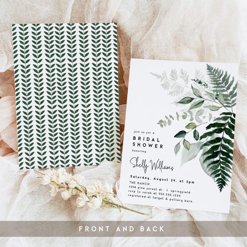 May include: Bridal shower invitation with a botanical theme. The front features a green leaf pattern, while the back displays watercolor leaves and event details. The text reads "join us for a bridal shower honoring Shelly Williams."