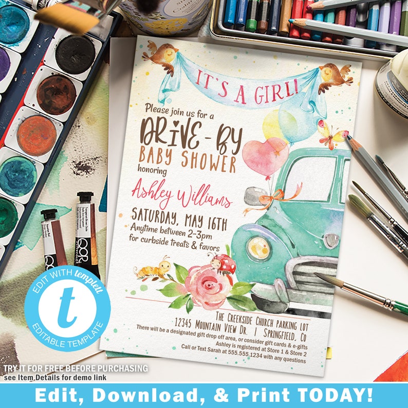 Drive by Baby Shower Invitation Girl Drive Through Printable Etsy