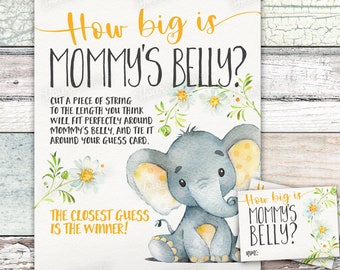 How Big is Mommy's Belly Game, Yellow Elephant Baby Shower printable INSTANT DOWNLOAD digital files - ye1