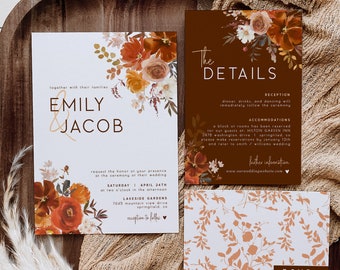 Suite d'invitations de mariage florales en terre cuite : modèle bohème rustique (modifiable)