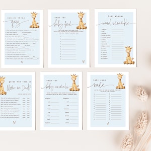 Baby Shower Games Bundle, Safari Giraffe Theme template download, editable digital file, Corjl 016