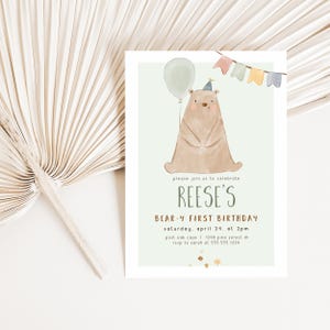 Invito per il primo compleanno, invito per il primo compleanno dell'orso, modello modificabile da scaricare digitalmente, Corjl 004