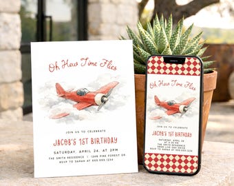 Time Flies 1st Birthday Invite, Airplane Editable Invitation, Digital or Printed