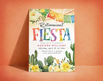 Pode incluir: Um convite colorido para uma festa de aposentadoria. O design apresenta a palavra "FIESTA" em letras vibrantes e multicoloridas, com ilustrações florais e de cactos. O convite inclui o texto "Aposentadoria", o nome "MADISON WILLIAMS" e detalhes do evento.