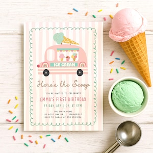 Ice Cream “Here’s the Scoop” Digital Invite  •  Sweet One Birthday Invitation  •  1st / 2nd Birthday Summer Party Template