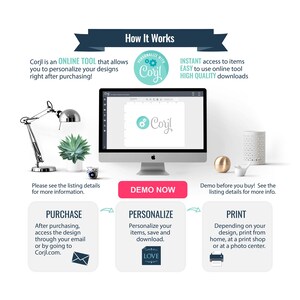 May include: A graphic showing how to use the Corjl online tool to personalize and print designs. The steps are: purchase, personalize, and print. The image shows a computer screen with the Corjl logo, a design with the word "LOVE", and a printer.
