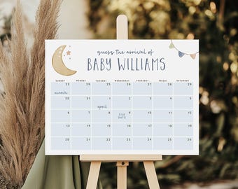 Over the Moon Baby Shower Due Date Calendar, Editable Template Digital Download, Corjl - 044