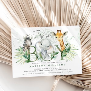 Invitación para baby shower de niño safari, vegetación de la jungla, plantilla editable, descarga DIGITAL, Corjl, 0391
