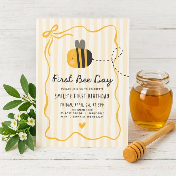 First Bee Day Invitation • Bumble Bee 1st Birthday Invite • Honey Bee Editable Template • Digital or Printed