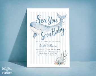 Sea You Soon Baby Shower Invitation, Blue Whale Digital Invite or Printed