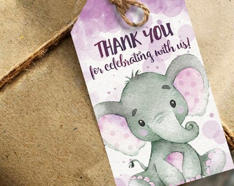 Purple Elephant Baby Shower Gift Tags, Girl Pink Thank You Favor Tags printable INSTANT DOWNLOAD digital file - 13h