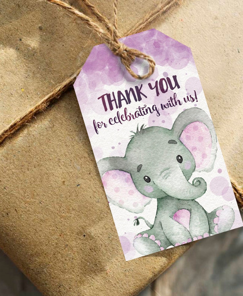 Purple Elephant Baby Shower Gift Tags Girl Pink Thank You