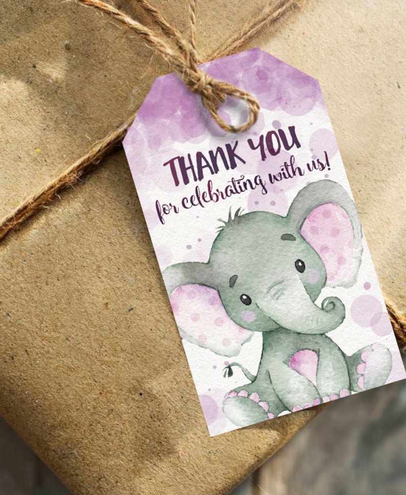 Purple Elephant Baby Shower Gift Tags Girl Pink Thank You