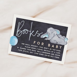 Demande de livre pour baby shower garçon éléphant, modèle modifiable en téléchargement, fichier numérique Corjl 031