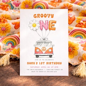 Groovy One Birthday Invitation, Editable Template, Digital or Printed Retro Daisy Invite