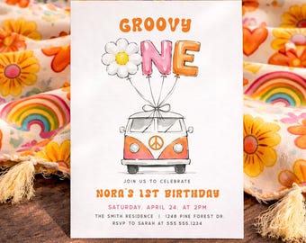 Groovy One Birthday Invitation, Editable Template, Digital or Printed Retro Daisy Invite
