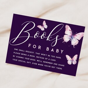 Purple butterfly baby shower book request.