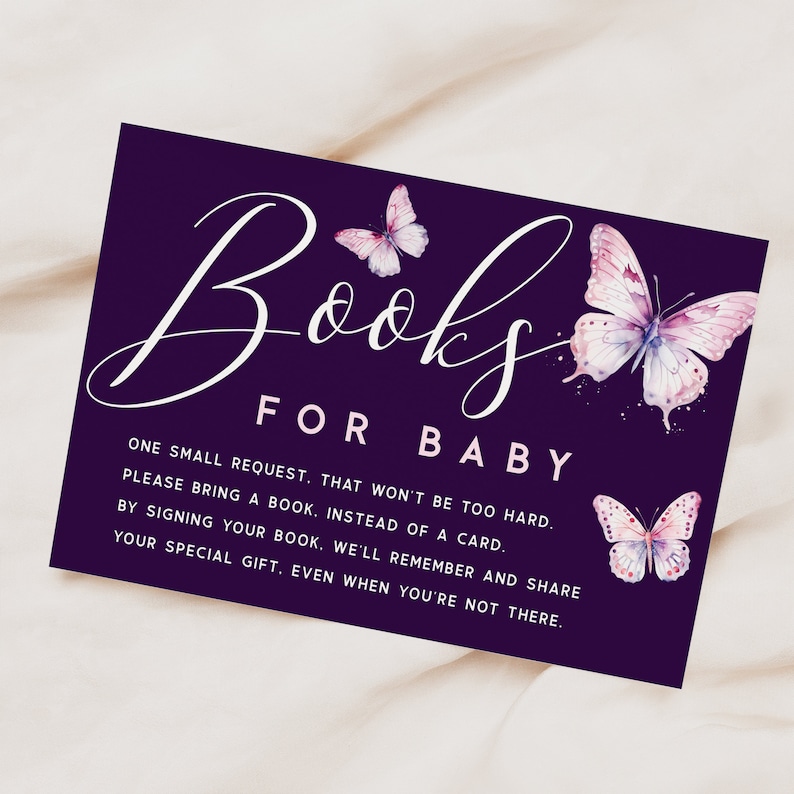 Purple butterfly baby shower book request.