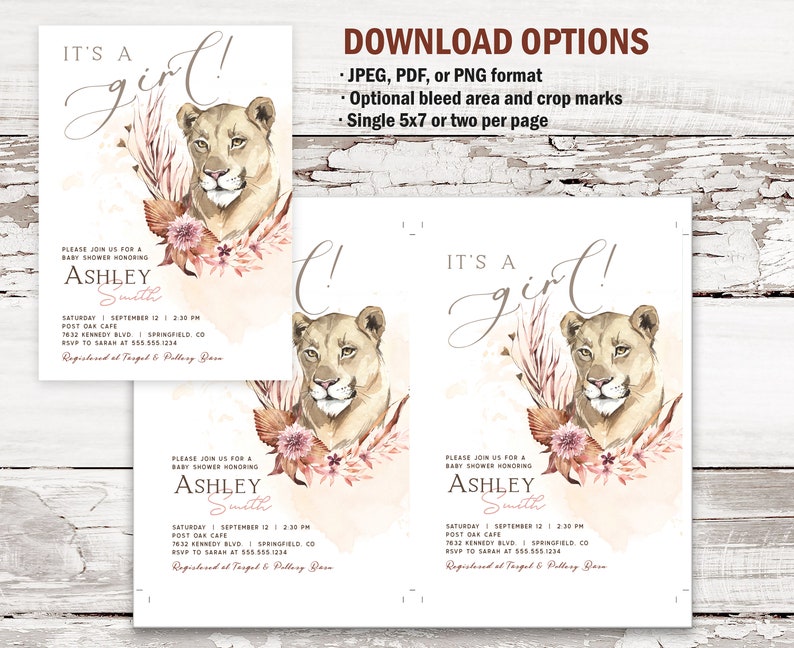 Safari Girl Baby Shower Invitation Lion printable invite INSTANT DOWNLOAD editable digital file Templett