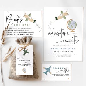Pacchetto invito baby shower Adventure Awaits, modello modificabile, file digitale Corjl aa1