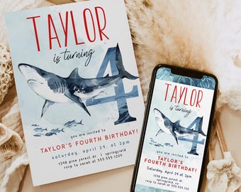 Shark Fourth Birthday Invitation Editable template 5x7 and mobile invite DIGITAL download, Corjl b10