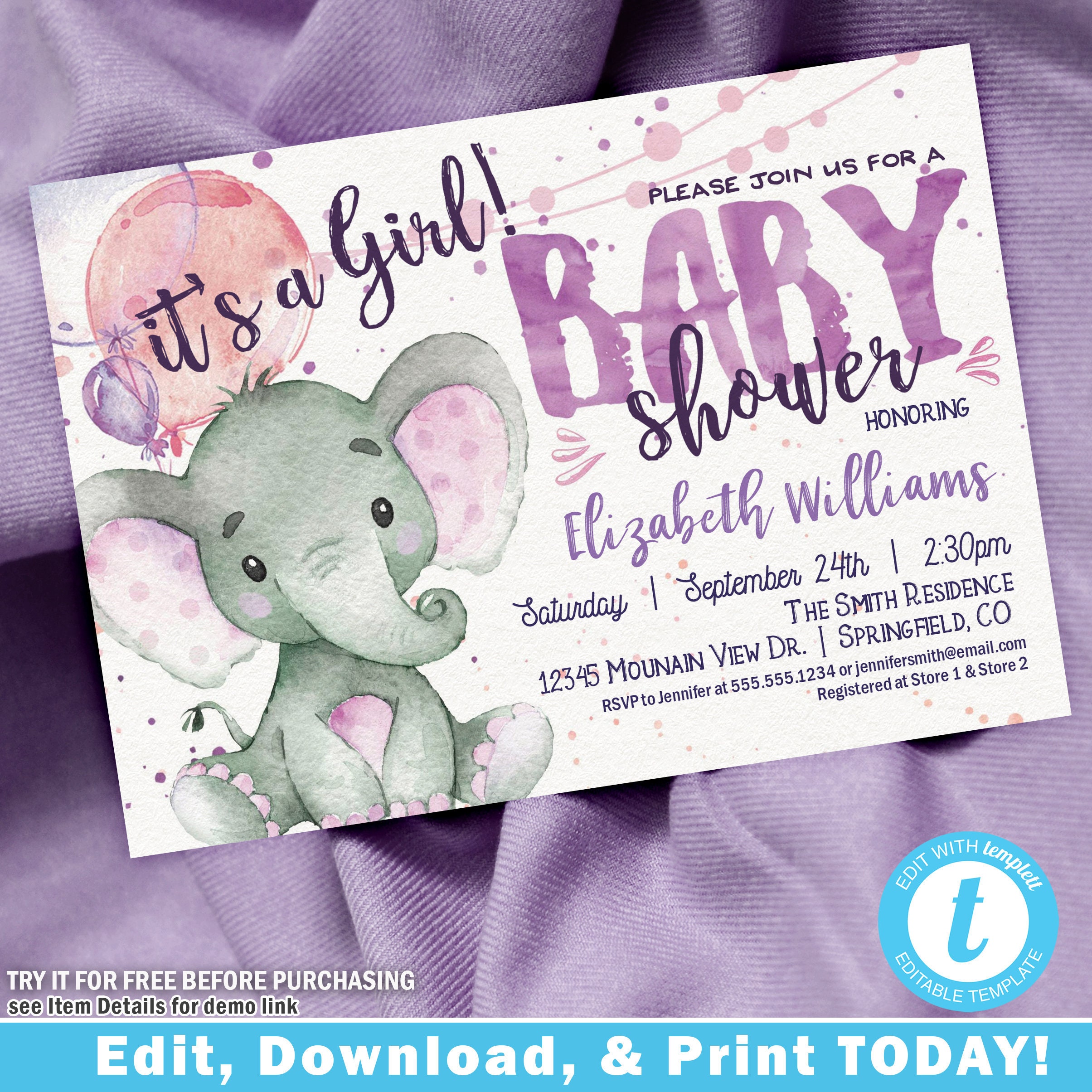 Purple Elephant Baby Shower Invitation Girl Lavender Etsy