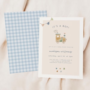 May include: A baby shower invitation with a light brown background and a cartoon train illustration. The text reads "It's a Boy!" and includes the name "madison williams", the date "saturday, april 24, at 2pm", the address "post oak case 1 1248 pine forest dr", the RSVP information "rsvp to sarah at 555 555 1234", and the registry information "registered at target & pottery barn".