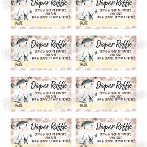 May include: Six printable diaper raffle tickets featuring a cute cartoon cow with black and white spots. Each ticket has a yellow background with brown polka dots and the text "Diaper Raffle" in black. The text "Bring a pack of diapers - any size - for a chance to win a prize!" is also included on each ticket. The tickets have a blank space for a name.