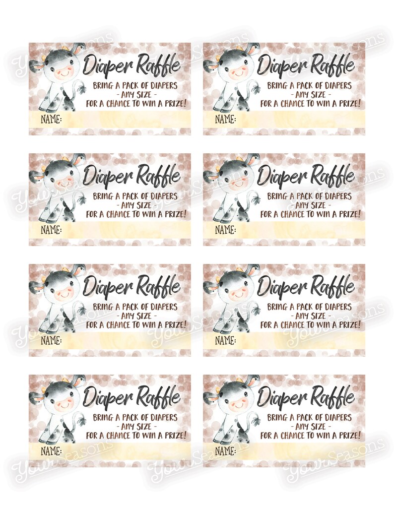 May include: Six printable diaper raffle tickets featuring a cute cartoon cow with black and white spots. Each ticket has a yellow background with brown polka dots and the text "Diaper Raffle" in black. The text "Bring a pack of diapers - any size - for a chance to win a prize!" is also included on each ticket. The tickets have a blank space for a name.