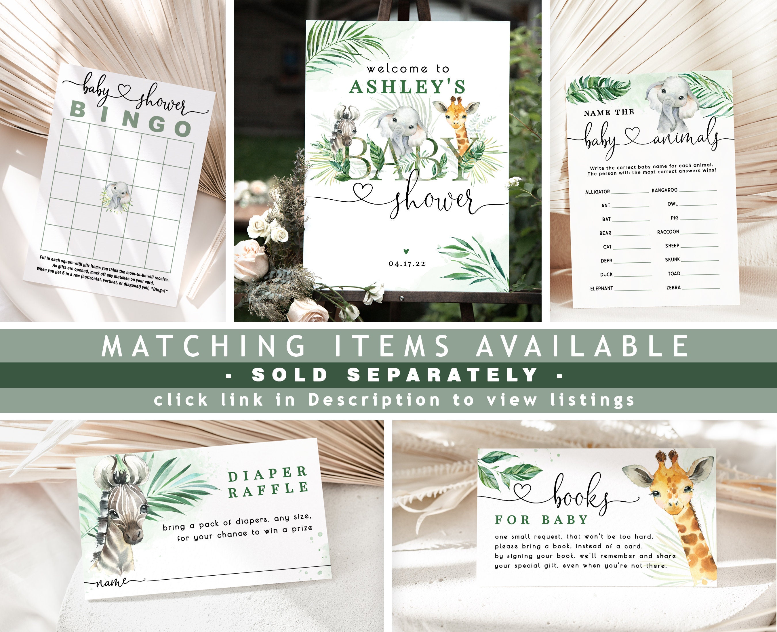 Boho Safari Baby Shower Game - 'Don't Say Baby' Sign With 50 Clothespins, Pampas Grass & Wild Animals Theme