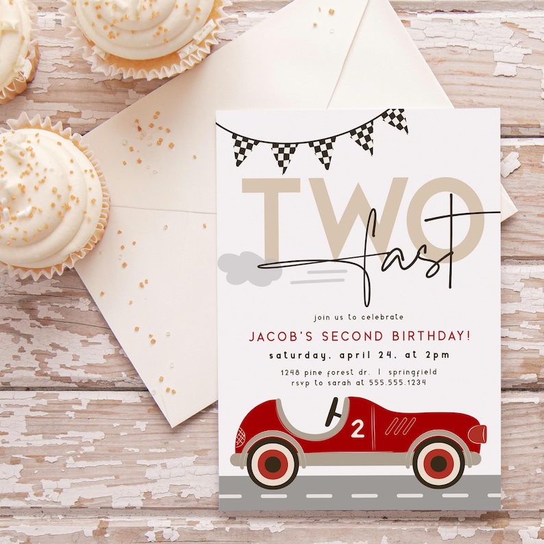 Two Fast Birthday Invitation, Boy 2nd Birthday Race Car Invite, Digital Download or Printed bild 8