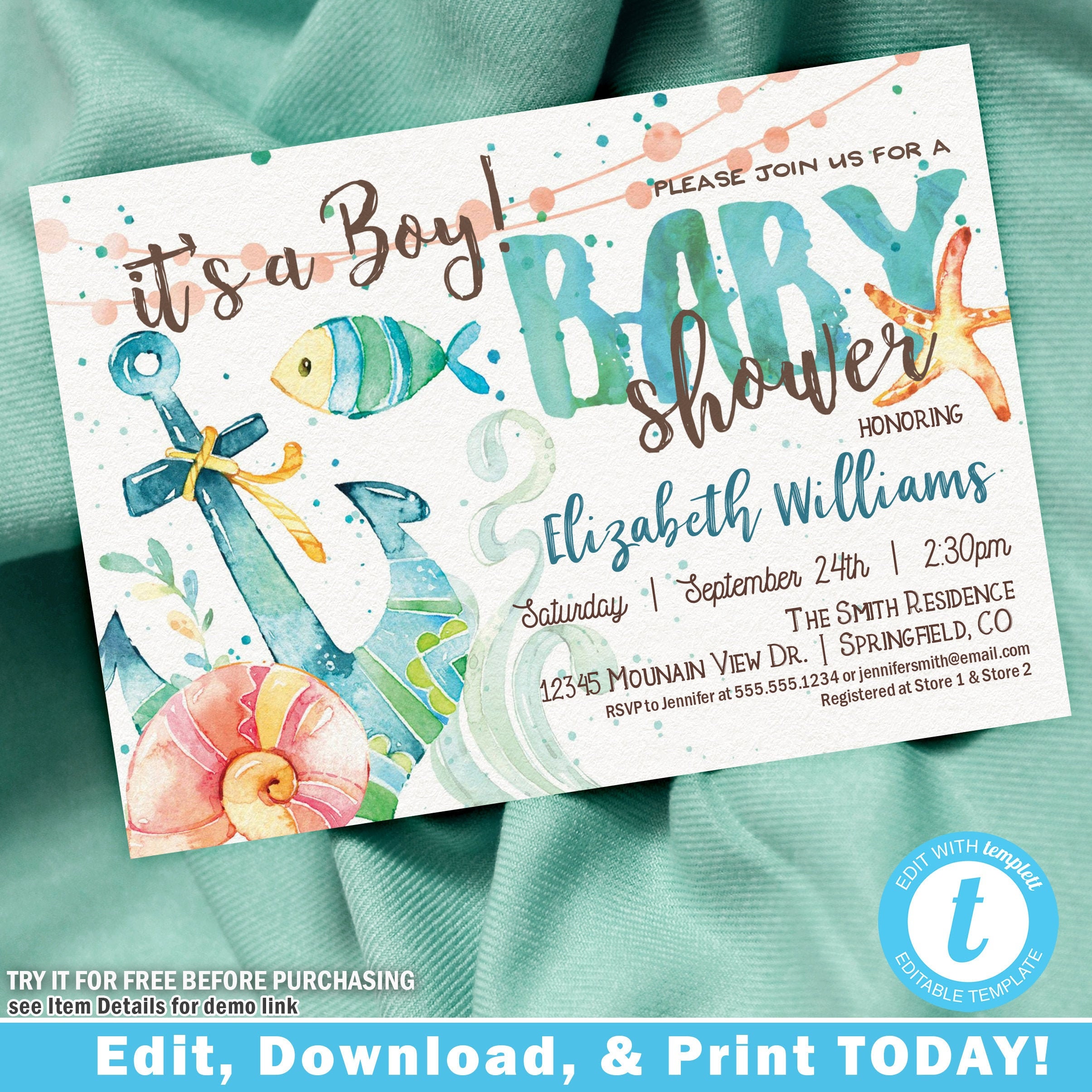 Nautical Anchor Baby Shower Invitation Boy (Digital File)